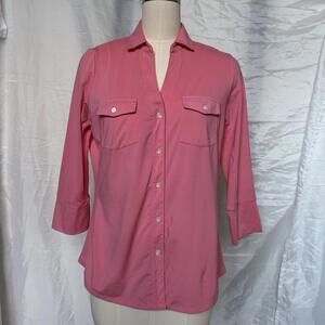 J MCLAUGHLIN M Pink Blouse Top Shirt jersey Knit Button Front 3/4 Sleeve